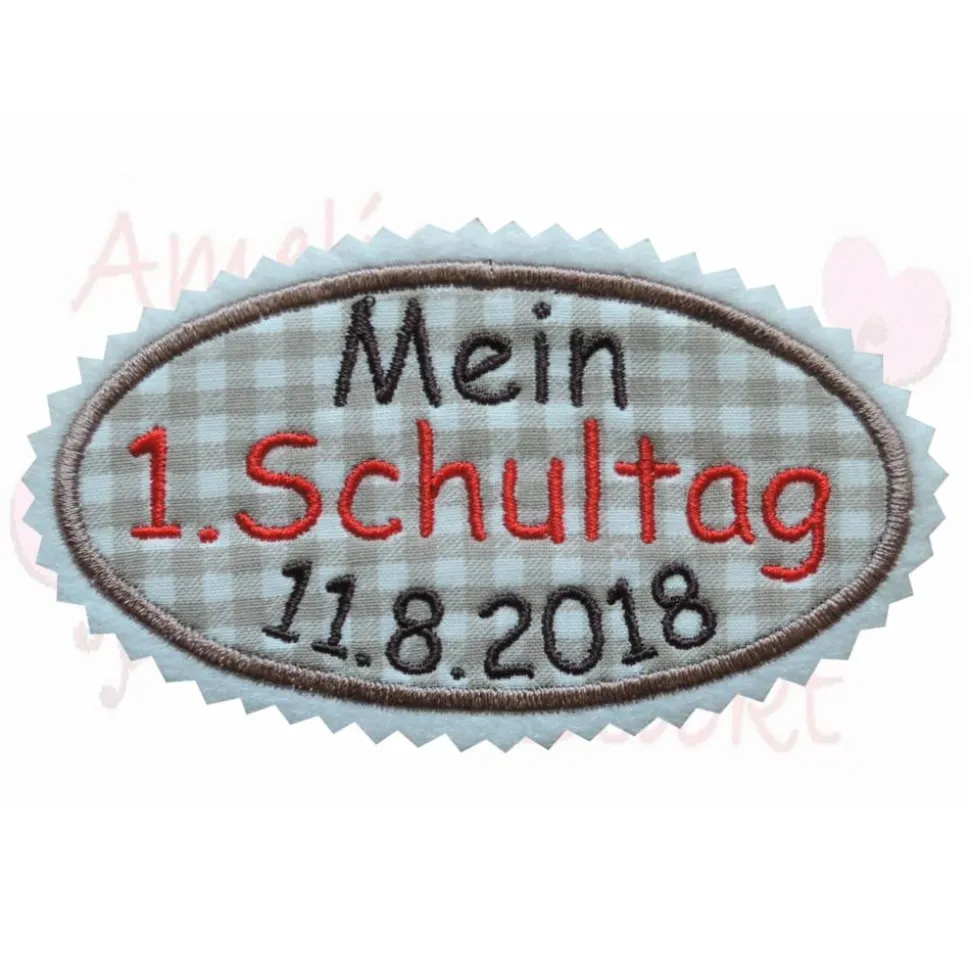 Mein 1. Schultag  Applikation Aufnäher braun rot schultüte nähen basteln kinder bügelbild