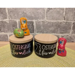 Metall-Geschenkdose „Ostergrüße“ – kleine Osterverpackung in Holzoptik (ca. 6 × 8 cm)