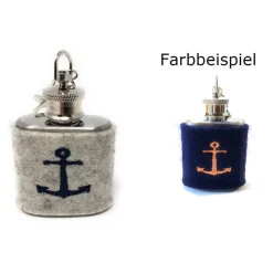 Mini Flachmann Edelstahl 30 ml + Hülle bestickt mit Anker aus Wollfilz - Farbauswahl