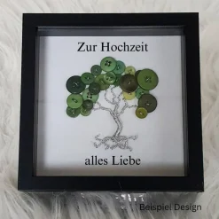 Mini Knopfbaum Geschenk – Personalisierter Lebensbaum im 3D Bilderrahmen zur Hochzeit