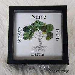 Mini Knopfbaum Geschenk zur Geburt / Personalisierter Bilderrahmen / Lebensbaum /Geburtsrahmen
