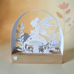 Mini Schwibbogen Fee – Elfen Deko aus Eiche & Aquarellpapier, Fantasie Deko für jede Jahreszeit