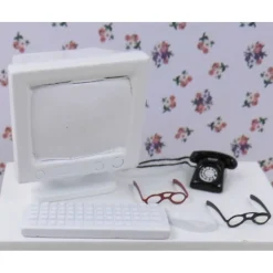 Miniatur Monitor mit Tastatur und Brille – Deko fürs Wichtelbüro, Home Office, Puppenhaus & Basteln