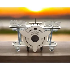 Minibar Flugzeug aus Holz & Metall – Personalisiertes Geschenk für 0,7l Flaschen mit Schnapsgläsern