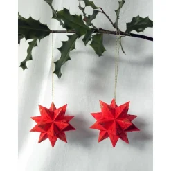 Mini-Bascetta-Stern, ca. 6 cm, Rot, mit Goldglitzer, Baumschmuck, Weihnachtsstern, Origami Faltstern