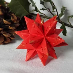 Mini-Bascetta-Stern, ca. 6 cm, Rot, mit Goldglitzer, Baumschmuck, Weihnachtsstern, Origami Faltstern