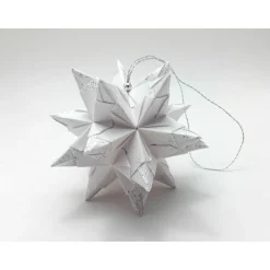 Mini-Bascetta-Stern, ca. 6 cm, Weiß/Silber mit Glitzer und Aufhängeband, Weihnachtsstern, Origami Faltstern