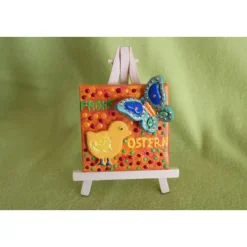 Minibild Collage  FROHE OSTERN  Küken und Schmetterling auf einem Minikeilrahmen Geschenk zu Ostern Osterdeko