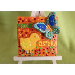 Minibild Collage  FROHE OSTERN  Küken und Schmetterling auf einem Minikeilrahmen Geschenk zu Ostern Osterdeko