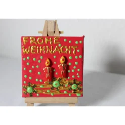 Minibild FROHE WEIHNACHT, kleine Collage Weihnachtsdeko mit Kerzenmotiv aus Polyresin, nette Tischdeko oder Gastgeschenk