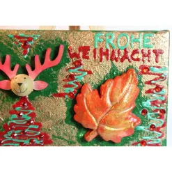 Minibild FROHE WEIHNACHT, kleine Collage Weihnachtsdeko mit Rentierkopf aus Holz, nette Tischdeko oder Gastgeschenk