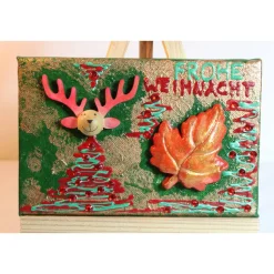 Minibild FROHE WEIHNACHT, kleine Collage Weihnachtsdeko mit Rentierkopf aus Holz, nette Tischdeko oder Gastgeschenk