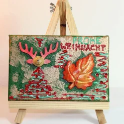 Minibild FROHE WEIHNACHT, kleine Collage Weihnachtsdeko mit Rentierkopf aus Holz, nette Tischdeko oder Gastgeschenk