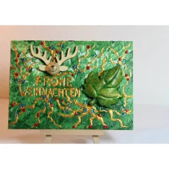 Minibild FROHE WEIHNACHTEN Minibild, kleine Weihnachtsdeko mit Rentierkopf aus Holz Blatt aus Styropor