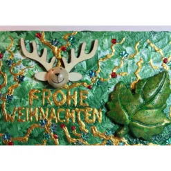 Minibild FROHE WEIHNACHTEN Minibild, kleine Weihnachtsdeko mit Rentierkopf aus Holz Blatt aus Styropor