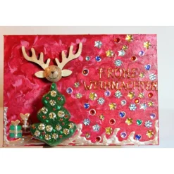 Minibild FROHE WEIHNACHTEN, kleine Collage Weihnachtsdeko mit Rentierkopf aus Holz, nette Tischdeko oder Gastgeschenk