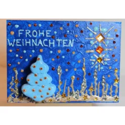 Minibild FROHE WEIHNACHTEN, kleine Collage Weihnachtsdeko mit Bäumchen aus Styropor, nette Tischdeko oder Gastgeschenk