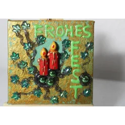 Minibild FROHES FEST, kleine Collage Weihnachtsdeko mit Kerzenmotiv aus Polyresin, nette Tischdeko oder Gastgeschenk