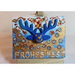 Minibild FROHES FEST, kleine Collage Weihnachtsdeko mit Rentierkopf aus Holz, nette Tischdeko oder Gastgeschenk