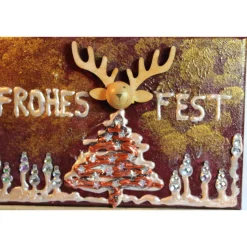 Minibild FROHES FEST, kleine Collage Weihnachtsdeko mit Rentierkopf aus Holz, nette Tischdeko oder Gastgeschenk