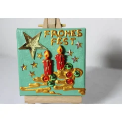 Minibild FROHES FEST, kleine Collage Weihnachtsdeko mit Kerzenmotiv aus Polyresin, nette Tischdeko oder Gastgeschenk