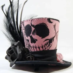Mini-Hütchen - Gothic Fascinator Totenkopf-Stoff Rosen Federn