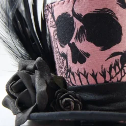 Mini-Hütchen - Gothic Fascinator Totenkopf-Stoff Rosen Federn