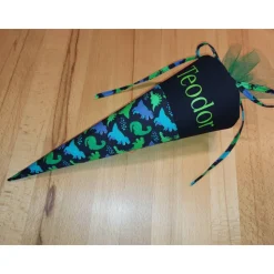 Mini-Schultüte mit Namen, Vorschultüte - Schwarz Dinos personalisierbar