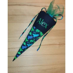 Mini-Schultüte mit Namen, Vorschultüte - Schwarz Dinos personalisierbar