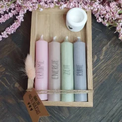 Mix & Match | Geschenkset mit 4 Kerzen | Kerzenfarbe + Wörter sind frei auswählbar | Kerzenset mit schwarzer Schrift