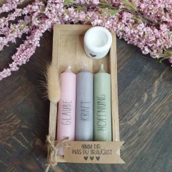 Mix & Match | Geschenkset mit 3 Kerzen | Kerzenfarbe + Wörter sind frei auswählbar | Kerzenset mit schwarzer Schrift