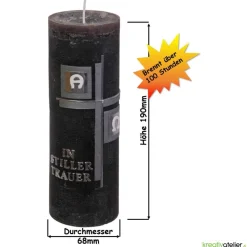 moderne, dunkle  Trauerkerze Alpha Omega mit Kreuz in silber und Echtwachsbeschriftung, Gedenkkerze, personalisierbar