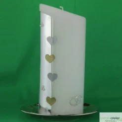 Moderne Hochzeitskerze oval abgeschrägt mit silbernen und goldenen Herzen, personalisierbar, edle Hochzeitsdeko