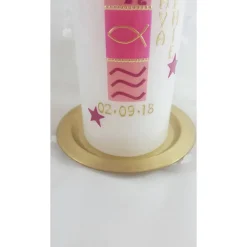 moderne Taufkerze für Mädchen inkl. Kerzenteller goldfarben , mit Sternen