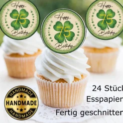 Muffin Aufleger aus Esspapier rund geschnitten 24 St. Ca 4cm Geburtstag Happy Birthday Kleeblatt grün