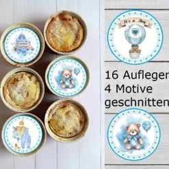 Muffin Aufleger gender reveal junge Baby Party Essbar Esspapier 16 Stück  mit 4 Motiven Teddy