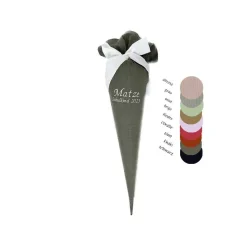 Musselin Schultüte in khaki, Zuckertüte im Nostalgielook, mit Namen und Schulkind bestickt, in vielen Farben