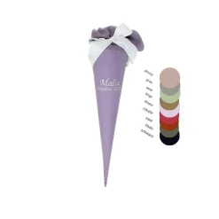 Musselin Schultüte lila, Zuckertüte im Nostalgielook, mit Namen und Schulkind bestickt, in vielen Farben, passend für 70