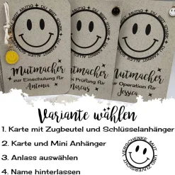 Mutmacher Karte für alle Anlässe – personalisiertes Geldgeschenk mit Smile Anhänger Schulwechsel