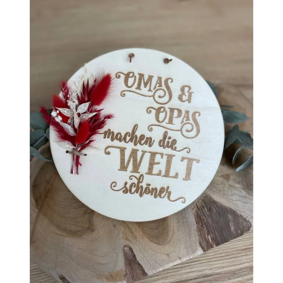 Muttertag / Vatertag personalisiertes Geschenk für Oma / Opa, Holzscheibe mit Trockenblumen