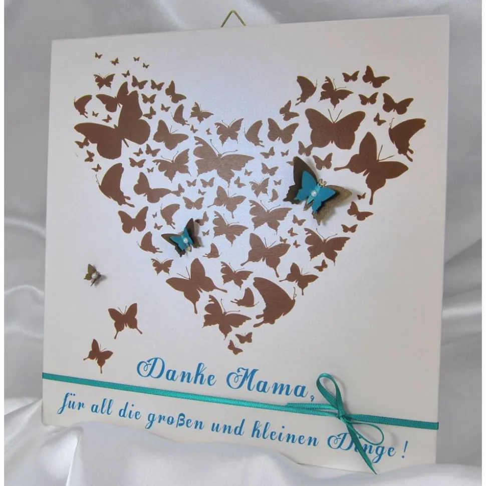 Muttertag Geschenk personalisiert Muttertagsgeschenk Bild Wandbild Mama Herz Schmetterling Druck Braun Türkis Danke