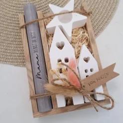 Muttertag Muttertagsgeschenk Häuser / Lichthäuser Kerzenhalter Stern Kerzenset für Mama Geschenkset Stabkerze Kerzenbox