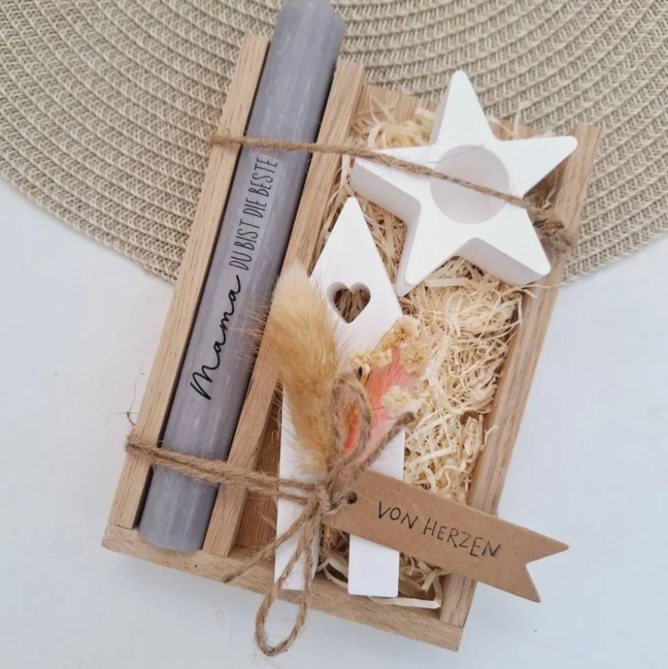 Muttertag Muttertagsgeschenk Haus / Lichthaus Kerzenhalter Stern Kerzenset für Mama Geschenkset Stabkerze Kerzenbox Holz