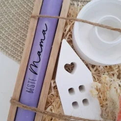 Muttertag Muttertagsgeschenk Haus / Lichthaus Kerzenteller rund Kerzenset für Mama Geschenkset Stabkerze Kerzenbox Holzb