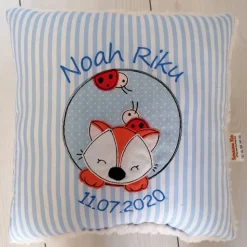 Namenskissen, Kuschelkissen Doodle Stickerei Fuchs, Namen & Geburtsdatum, 40x40 cm, Hülle und Inlett