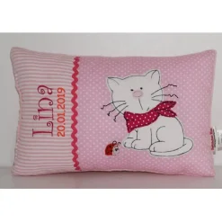 Namenskissen, Kuschelkissen Katze mit Marienkäfer & Name und Geburtsdatum 20x30 cm