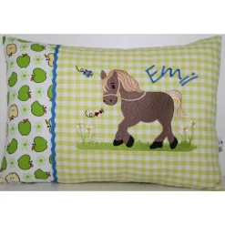 Namenskissen, Kuschelkissen Pferdchen auf Blumenwiese grün & Name 30x40cm