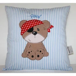 Namenskissen, Kuschelkissen Doodle Stickerei Bärchen "Theo der Pirat" und Namen 30x30 cm
