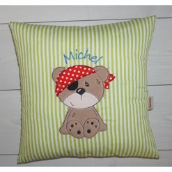 Namenskissen, Kuschelkissen Doodle Stickerei Bärchen "Theo der Pirat" und Namen 40x40 cm, Hülle & Inlett