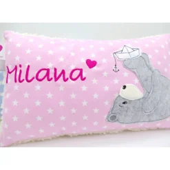 Namenskissen Taufkissen Kuschelkissen Kindergartenkissen Geburtsgeschenk  Bär mit Boot Jungenkissen
